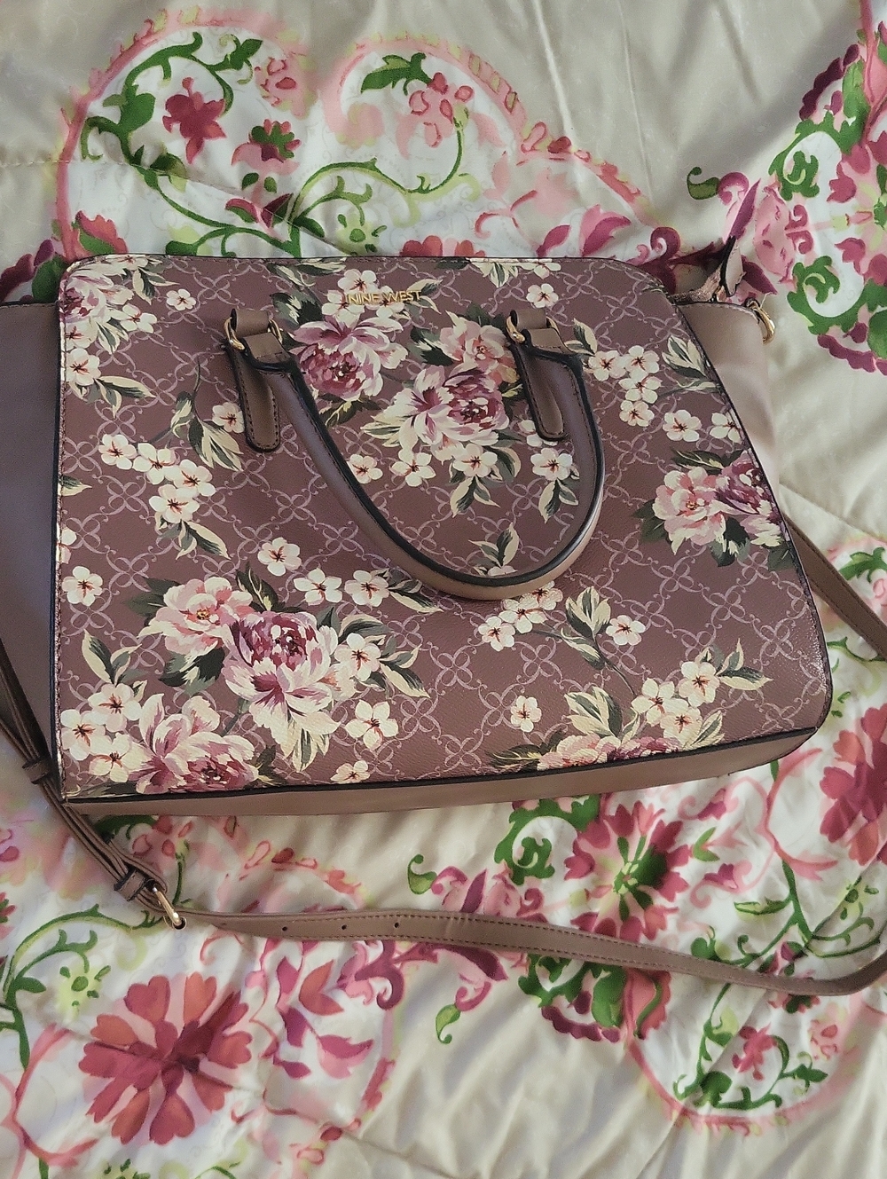 Floral Print Satchel Handbag in Dusty Rose